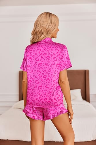 Image of Ekouaer Womens Satin Pajamas Set Button Down 2 Piece Silk Pjs Shorts Set Ruffle Lingerie Notch Collar Sleepwear