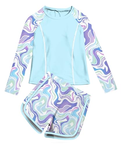 Image of Vogseek Girls Rash Guard Swimsuits 2 Piece Bathing Suit UPF 50+ Summer Swimwear Size 7-12T