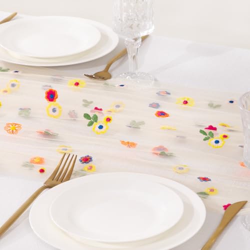 Image of MLMC Spring Floral Table Runner 10ft Seasonal Tulle Daisy Embroidery Table Runner Colorful Flower Holiday Kitchen Dining Table Decoration for Wedding Home Tea Party Outdoor Picnic Decor