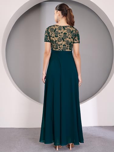 Image of Miss Chase Women's V-Neck Full Sleeve Self Design Lace-Overlaid Georgette Maxi Dress