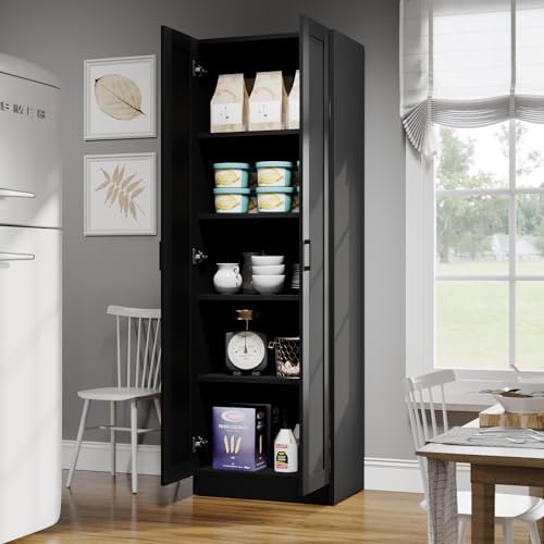 Panana Wooden Storage Cabinet, Freestanding Tall Kitchen Cupboard Sideboard Organizer Unit With 2 Doors & Adjustable Shelves, High Utility Cabinet for Living Room, Bedroom, Kitchen and Hallway (Black) - Image 2