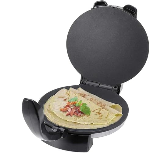 Crepera eléctrica de 1500 W con placa antiadherente portátil de 25 cm y temperatura ajustable hasta 250 °C para preparar tortillas, panes planos y desayunos rápidos.