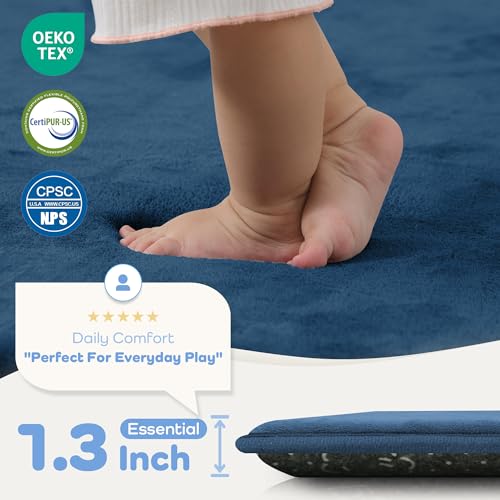 Image of 1.3 inch Thick Baby Floor Play Mat 59x79, Basic Padded Foam Mat for Tummy Time Crawling, Non Slip Cushioned for Babies Toddlers Infants Kids (Blue)