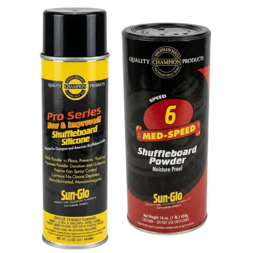 Sun-Glo Shuffleboard Maintenance Bundle: Speed 6 Medium Speed Powder Wax (16 oz) & Pro Series Silicone Spray (12 oz) – Complete Care Kit for Small Tables (9-12 Ft) & Beginners