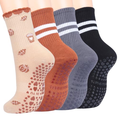 Image of Toes Home Pilates Socks for Women with Non Slip Grippers, Yoga Crew Socks for Barre Hospital Sticky Slipper Socks 4 Pairs
