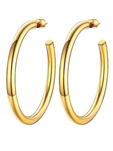 Image of Stainless Steel Chunky Hoop Earrings For Women, Minimalist and Chic, Black /Gold Plated, Round Hoops Earrings Hypoallergenic, Size: 30mm /40mm /60mm /80mm, Come with Box