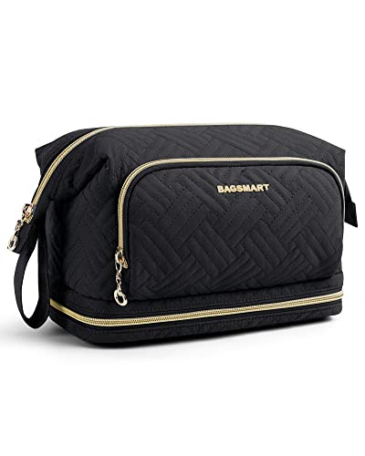 Image of BAGSMART Travel Makeup Bag, Cosmetic Bag Make Up Organizer Case, Large Wide-open Pouch for Women Double Layers Purse for Toiletries Accessories Brushes Black