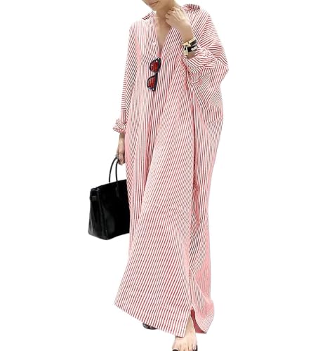 Image of ebossy Women's Oversized Boho Striped Shirt Dress Button Up Long Sleeve Flowy A Line Caftan Dress with Pockets