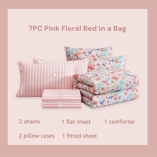 Image of Full Size Comforter Set for Girls Pink Floral Garden 7 Pieces Bed in a Bag