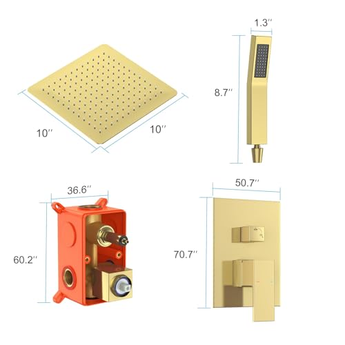 Combo de Cabezal de Ducha, Cabezal de Ducha con Rociador de Mano y Juego de Grifo de Ducha de 10 Pulgadas en Oro para Baño, Alta Presión, Montado en Pared miniatura 6