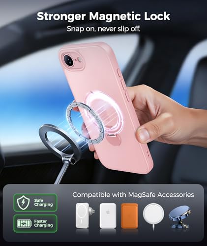 Image of FNTCASE for iPhone 17e Case: iPhone 16e Phone Case [360 Spin Magnetic Stand] [Compatible with Magsafe] [Screen Protector] Translucent Matte Military Grade Shockproof Protective Phone Cover Pink