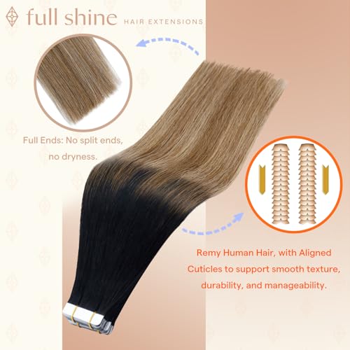 Image of Full Shine Hair Extensions Tape in, Off Black Honey Blonde Ombre 20 Inch | 50g 20PCS, Double Sided Tape in Extensions, Invisible Seamless Skin Weft Add Length for Soft Balayage Volume Styling