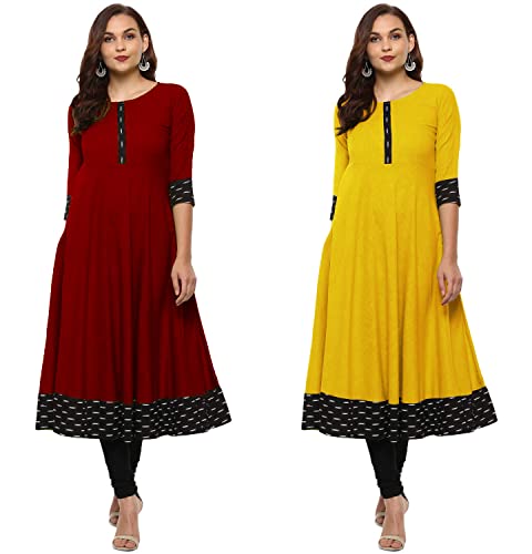 Image of NATEK Plain Cotton Brand Anarkali Gowns Dress for Girls Women - Combo Sets of 2 Maroon, Yellow Colour Large Size