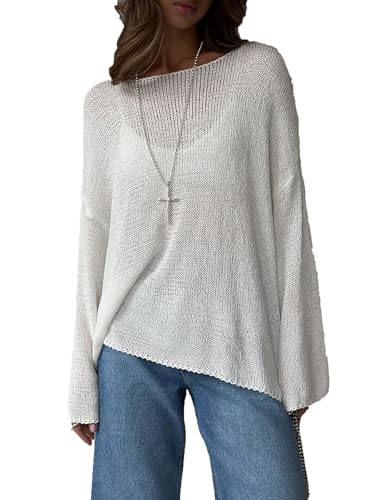 Women's Sweater Casual Long Sleeve Crewneck Lightweight Crochet Pullover Hollow Out Knit Tops