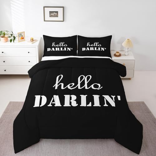Image of Feelyou Kids Full Size Hello Darlin Bedding Set Western Black Comforter Set Funny Western Retro Comforter for Kids Boys Girls Rustic Duvet Insert 2Pcs