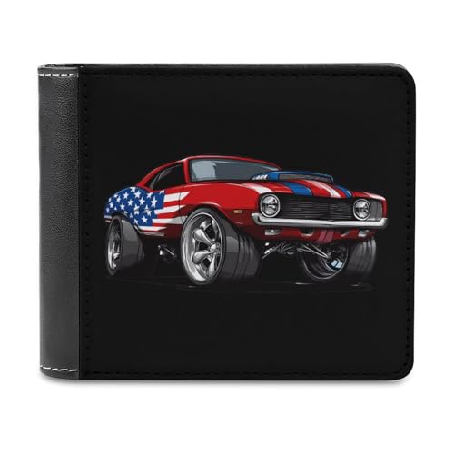 Muscle Car with Am-erican Flag Bifold Wallet PU Leather Slim Purse Pocket Wallet with Card Holder for Women Men