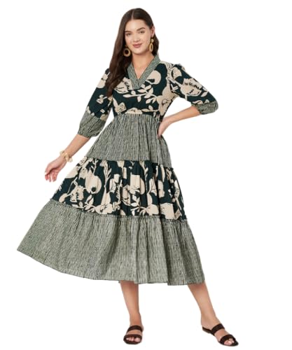 Image of PIDAVLIYA'S Women's Floral Summer Maxi Dress I Cotton Printed I One Piece Bodycon Midi Dress with V-Neck, Puffed Sleeves