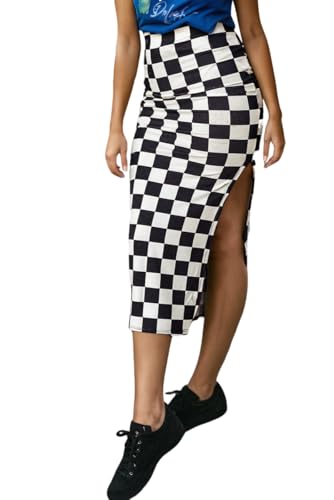 EARKOHA Checkered Slit Midi Skirt for Women Summer High Waisted Sexy Bodycon Skirts White XL