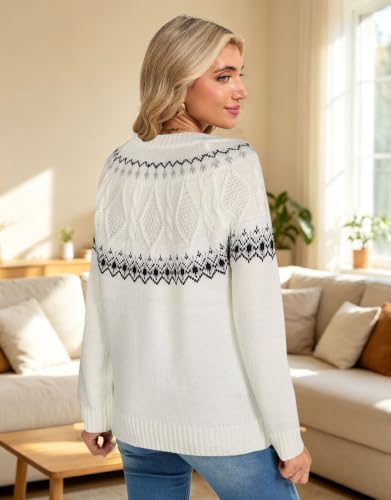 Image of Women's Fair Isle Sweater Crew Neck Long Sleeve Heart Sweater Vintage Tops