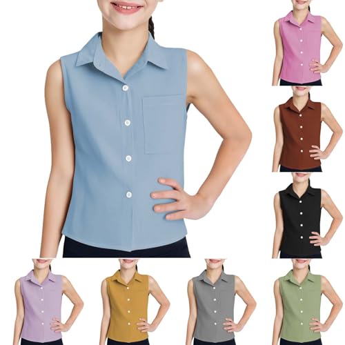 Girls Cotton Linen Vest Button Down Dress Shirts Tween Sleeveless School Uniform Shirts Collared Tops Plain Tank Tops4