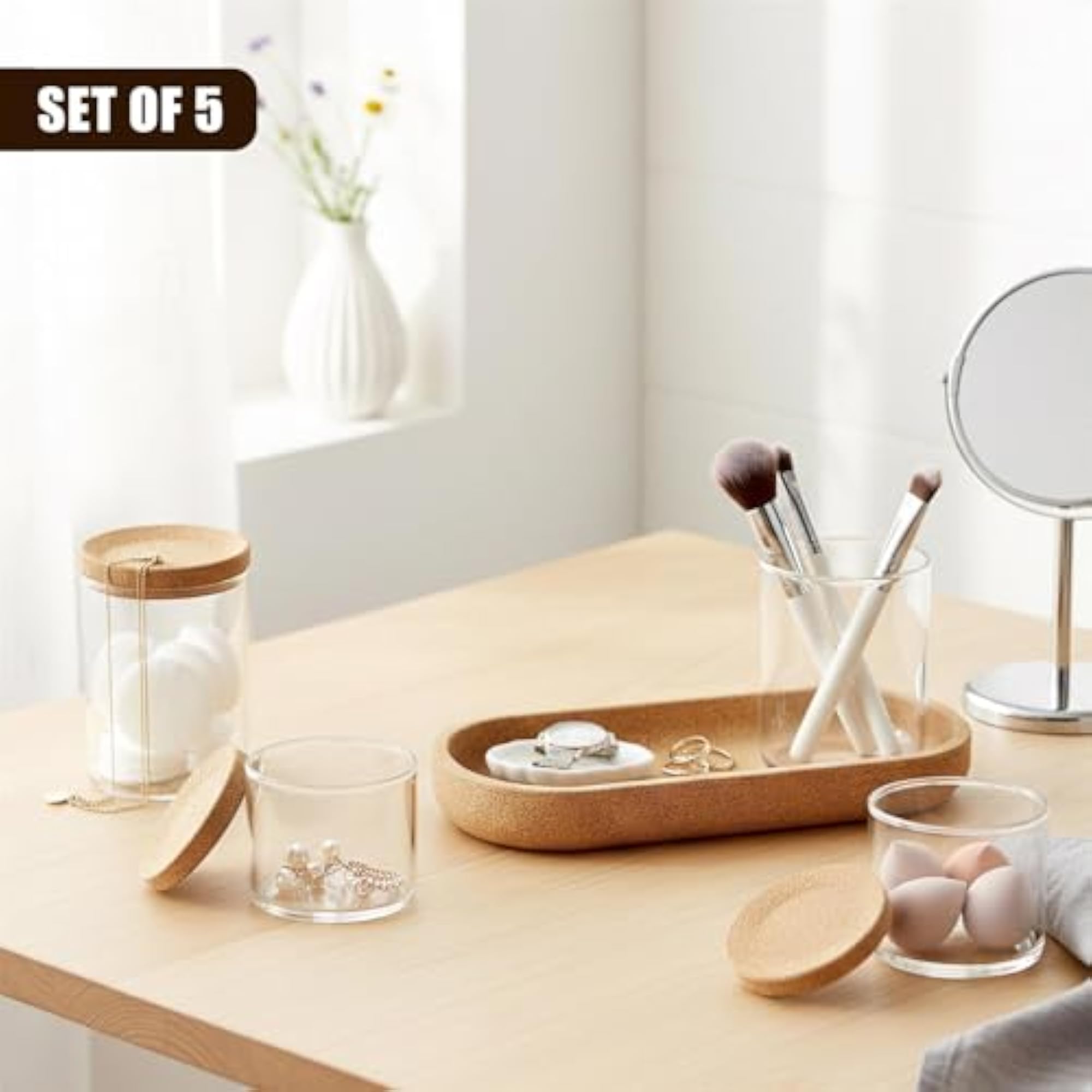 5 Piece Storage Jars with Lids for Makeup Organiser