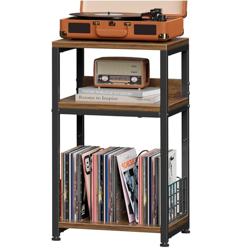 Simple Trending Record Player Stand 3 Tier End Table Hold Up to 100 Albums Turntable Stand for Vinyl Record Shelf for Living Room Bedroom Rustic Brown