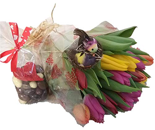 Flores Frescas Online Ramo 30 Tulipanes Naturales Variados con Bombones Lindor Negro San Valentín. Portes Gratis