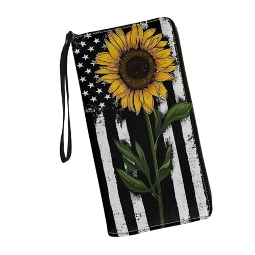 Sunflower Wallet for Women American Flag Purse with Card Holder PU Leather Zip Around Clutch Wallet