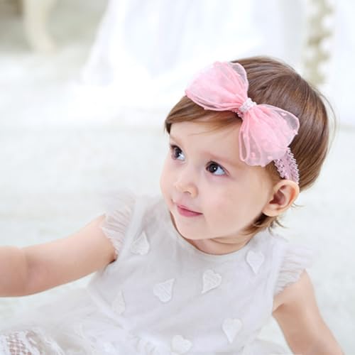 Baby Girl Bows Lace Headband Soft Cotton Tulle Hair Band Princess Infant Head Wrap Turban Ribbon Bow-knot Elastic Hair Accessory for Newborn Infant Toddler (Pink, Standard size)4