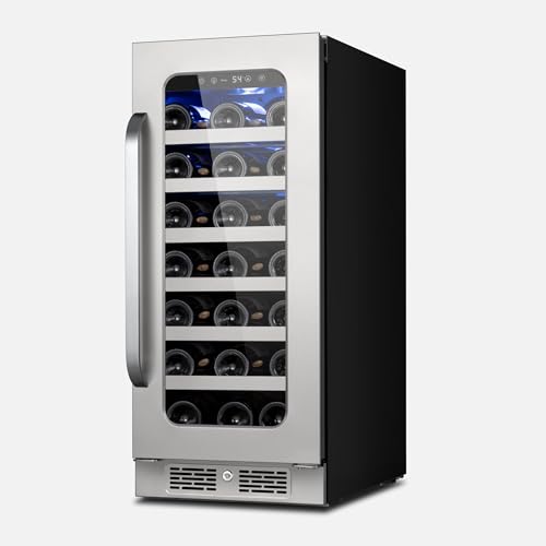 Image of 15 inch Wine Fridge Cooler 33 Bottles Wine Refrigerator Under Counter with Glass Door 3 LED Built-in or Freestanding Fridge Adjustable Shelves for Home Bar Kitchen 3.0 cu.ft