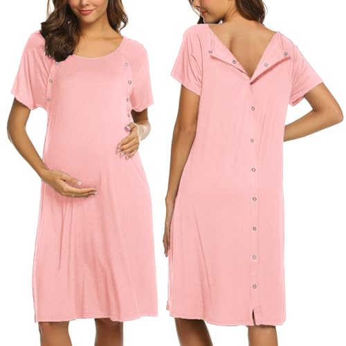 Image of Ekouaer Women’s Nursing/Delivery/Labor/Hospital Nightdress Short Sleeve Maternity Nightgown with Button S-XXL