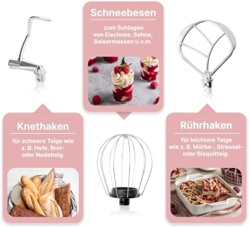Bild 2 - Clatronic® Küchenmaschine 1100 Watt | Knetmaschine 5L | inkl. Knethaken, Rührhaken und Schneebsen | für bis zu 3 kg Teig | robustes Spezialgetriebe | Food Processor | Teigmaschine KM 3711 pink