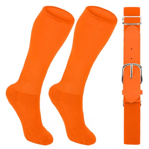 Orange Baseball Socks and Belt Combo Set Softball Socks and Elastic Waist Belt for Youth Boys Girls