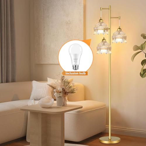 Image of ZECOXOL Gold Floor Lamps for Living Room 3 Lights Floor Lamp with Glass Lampshape & Three Led Bulb,Mid Century Standing Lamp Vintage Brass Tall Lamp Tree Floor Lamp for Bedroom Corner