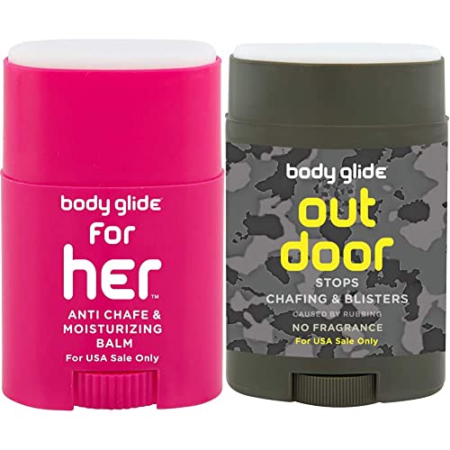 BodyGlide For Her Anti Chafe Balm: anti chafing stick with added emollients: 0.8oz & Outdoor Anti Chafe Balm. Fragrance free anti chafing stick trusted in basic training
