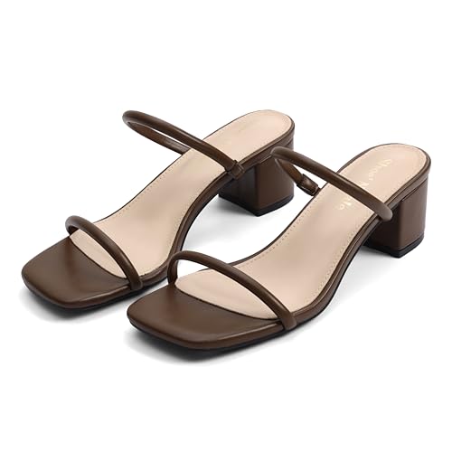 Image of Shoe'N Tale Strappy Heels for Women Square Open Toe Two Strap Low Block Heel Slip on Dressy Sandals Shoes