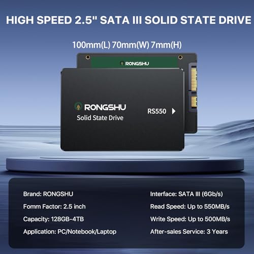 RONGSHU 256GB SATA SSD 2.5'' Internal Solid State Drive, SATA III 6 Gb/s Read Speed Up to 550 MB/s 3D NAND Internal SSD, Upgrade Laptop PC/Desktops (RS550)