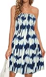 Vestido de playa para mujer Verano Casual Cover-up Strapless Tie dye Print Off Shoulder Vestidos, Azul Blanco, Large