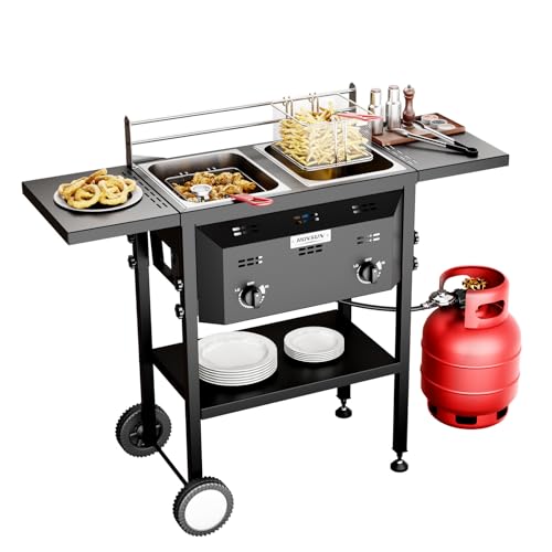 Image of ROVSUN Outdoor Deep Fryer with 8QT & 8QT Stainless Steel Tank & Basket, Portable Propane Gas Fryer with Rolling Cart, Storage Shelves, Lids & Thermometer for Outdoor Backyard Cooking Frying