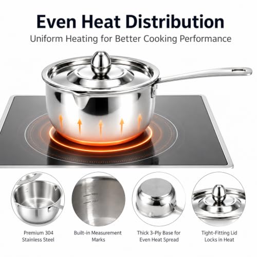 Image of DELARLO Tri-Ply Stainless Steel Small Stainless Steel Pot with Pour Spout | Mini Sauce Pan for cooking, for Butter Melting, Chocolate, Milk, Induction Compatible, Small Pot with Lid