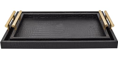 MACVAD Set of 2 Modern Elegant Large Wood Serving Tray, Rectangle Decorative Tray Ottoman Tay Coffee Table Tray, Black Crocodile Leather with Gold Polished Metal Handles