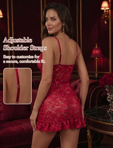 Image of Girece Sexy Lingerie for Women Babydoll Lingerie Dress Lace Chemise Nightgown with Adjustable Straps, Ruffle Hem G String