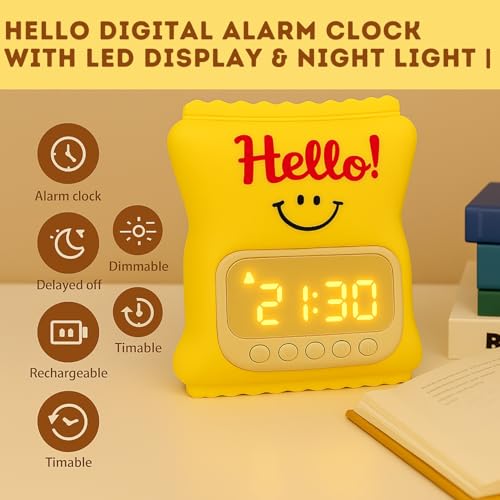Image of One94Store Hello Digital Alarm Clock with LED Display & Night Light | Cute Cartoon Design, Snooze, Timer & Temperature | Bedside Clock for Kids, Bedroom & Home