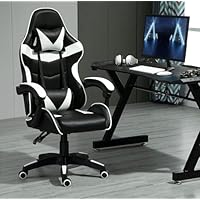 mcc direct Swivel Faux Leather Office Chair Racing Sports Gaming Tilt Computer Desk Chair with Headrest & Lumbar Cushion A - (White)