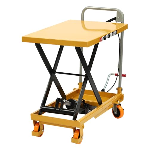 Rolling Hydraulic Scissor Lift Table Portable Elevating Hydraulic Lift Table Cart with Wheels and Handle Modern Single Scissor Hydraulic Lift Table for Material Handling and Transportation, Yellow