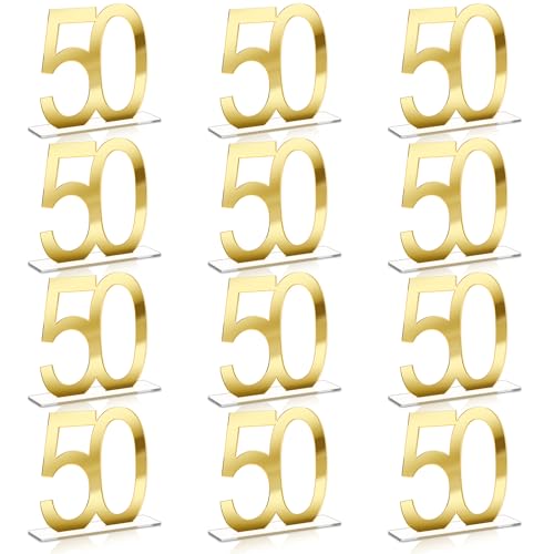 Image of Threehoney 12 Pcs Mirror Gold 50th Birthday Decorations for Men and Women Acrylic Anniversary Decorations Table Numbers Centerpieces for Birthday Party