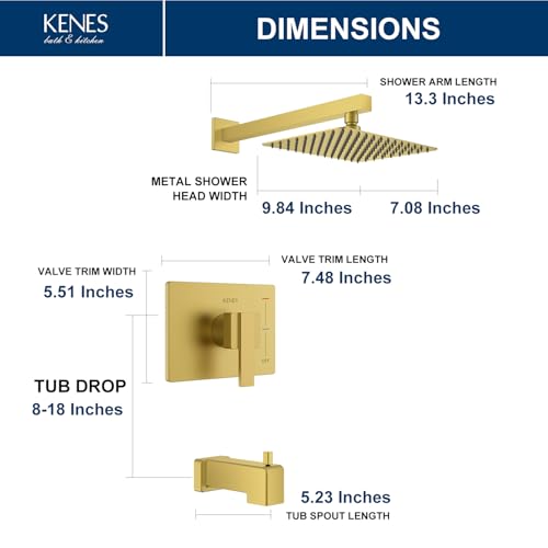 Image of KENES Brushed Gold Shower Set with Tub Faucet, Square Tub Shower Faucet Set