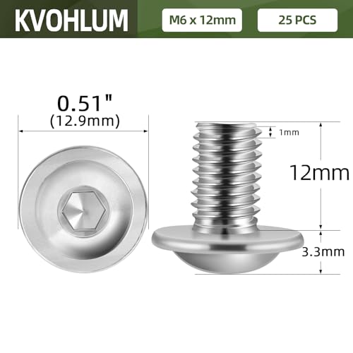 Image of M6-1.0 x 12mm 25 PCS Flanged Button Head Socket Cap Bolts Screws, Stainless Steel 304, Allen Socket Drive, Screwdriver Bit Included, Bright Finish, Fully Machine Thread