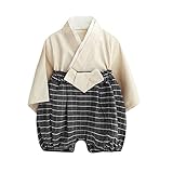 [SLINX] ベビー服 袴 ロンパース 着物 和装 女の子 男の子 フォーマル 赤ちゃん お宮参り 百日祝 初節句 和服ロンパース カバーオール 出産祝い ベビー袴 HF02 (80, 練色)