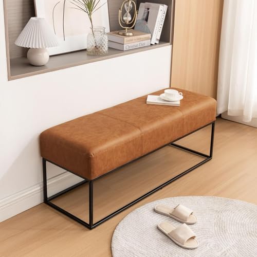 Image of Leather Entryway Bench, Modern Long Faux Leather Ottoman Bench Seat with Metal Frame, 47'' Upholstered Bedroom Bench for Living Room Entryway Window, Vintage Brown